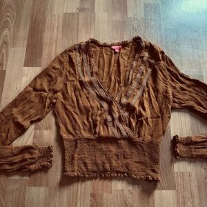 Guess Women's Chestnut Brown Faux Wrap Top with Lace Trim